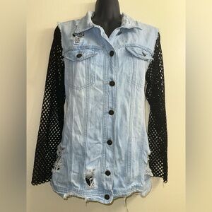 Pink Label Denim Co. distressed denim jacket with mesh sleeves sz L